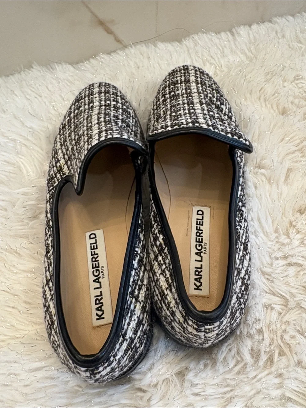 Karl Lagerfeld Black & White Tweed Slip-On Loafers with Black Trim